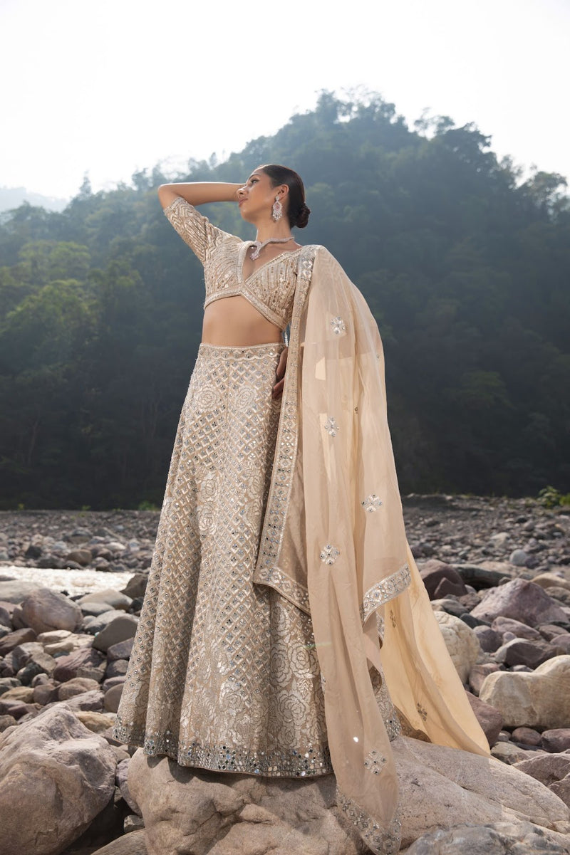 Opulent silver-beige lehenga adorned with mirror and sequin work for a truly dazzling impact