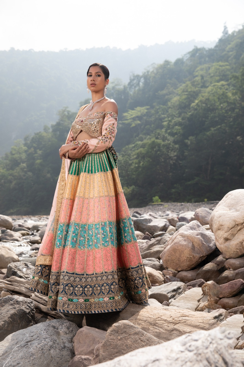Aesthetic and multicoloured modern lehenga with elegance in its design.